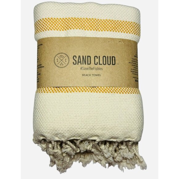 SAND CLOUD Yellow STRIPE BEACH TOWEL TURKISH Scallops ORGANIC COTTON 37"x67" - Picture 9 of 9